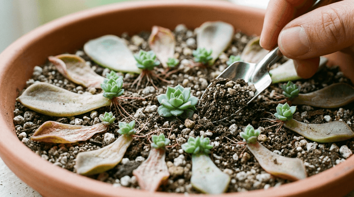 Tiny succulent rosettes emerging from leaf bases with roots lightly covered in soil during propagation process indoors.