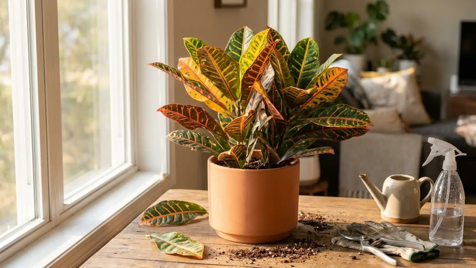 Croton plant in a terracotta pot near a window with colorful leaves and gardening tools for care.