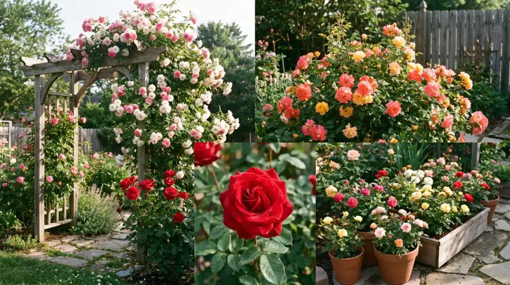 Types of roses displayed in a garden collage featuring climbing, red, and potted rose varieties.