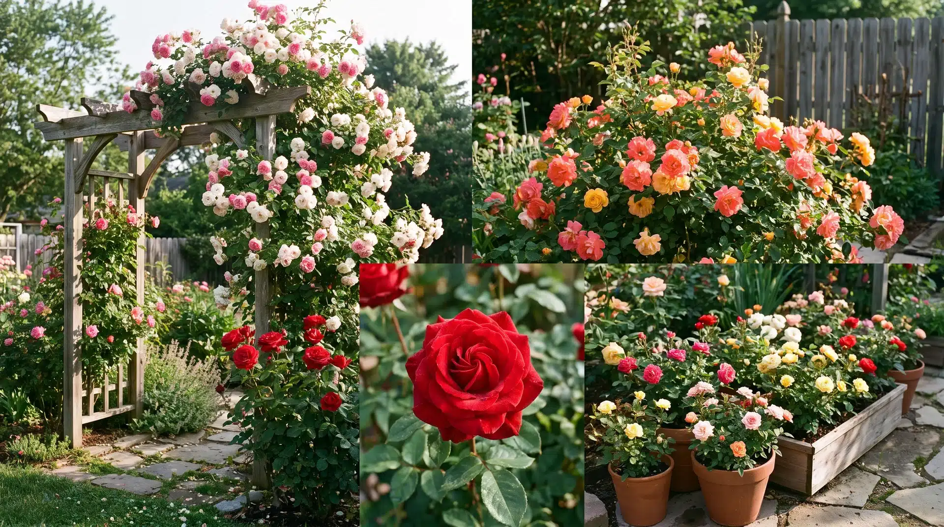 Types of roses displayed in a garden collage featuring climbing, red, and potted rose varieties.