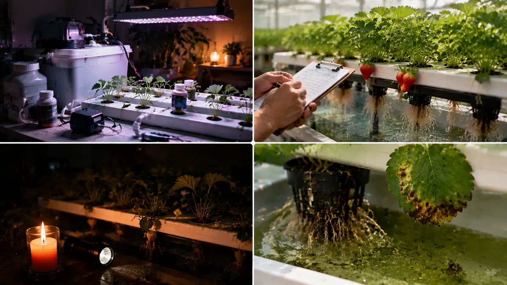 Hydroponic strawberry challenges showing equipment costs, monitoring, power issues, and water quality problems in growing systems