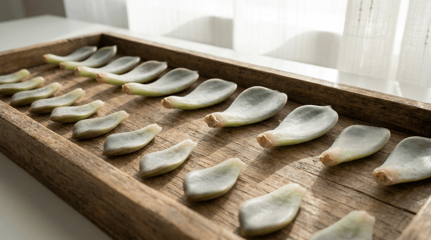Succulent leaves placed on dry tray allowing cut ends to callous before soil propagation in bright indirect light