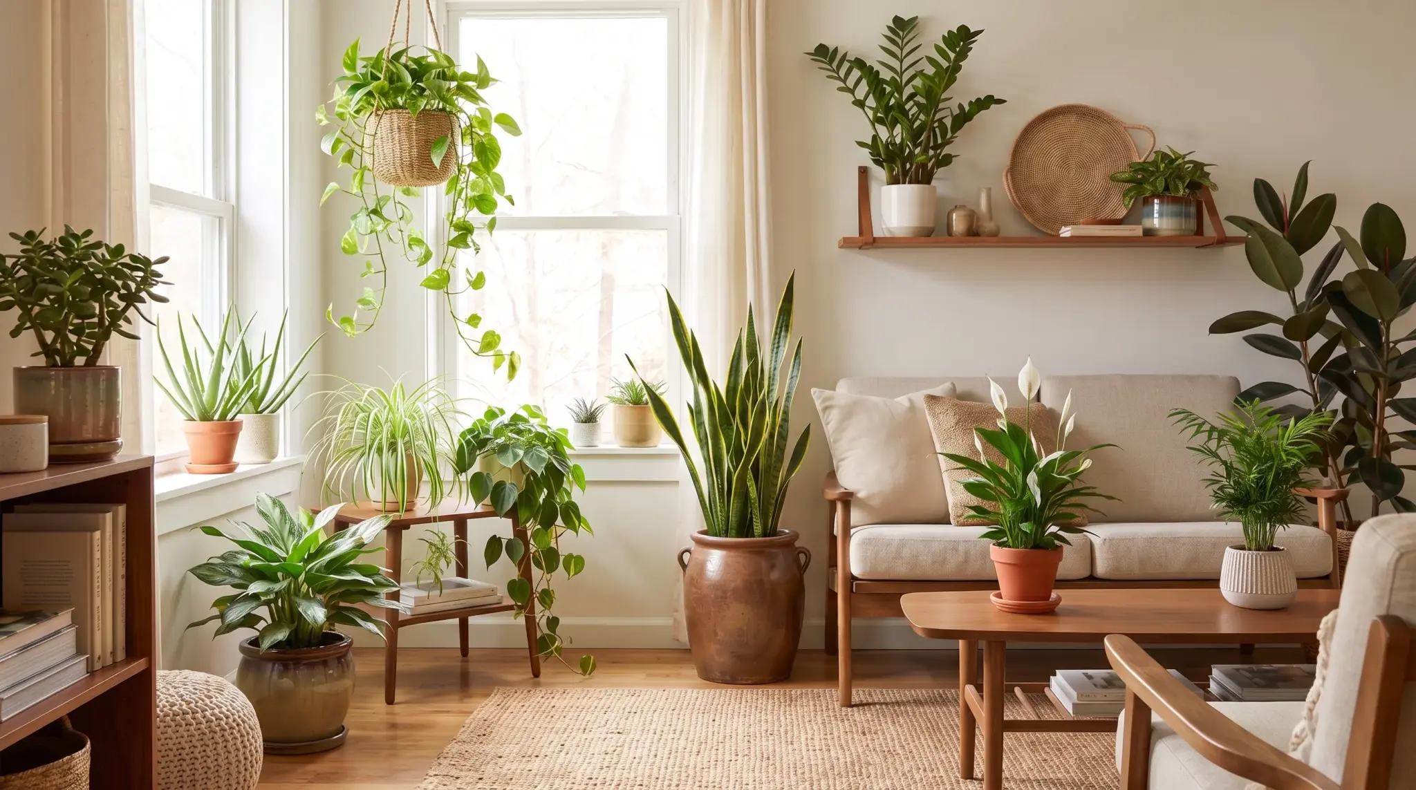 Collection of easy houseplants for beginners arranged in a bright and cozy indoor living space.