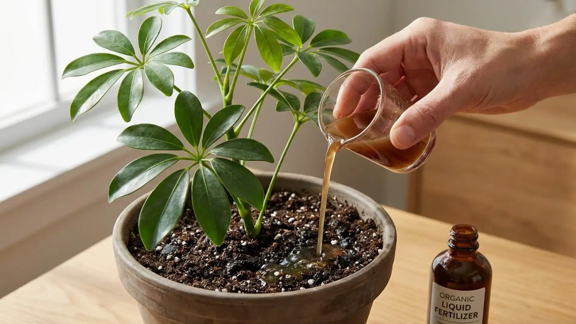 Feeding a schefflera plant with liquid fertilizer for growth.