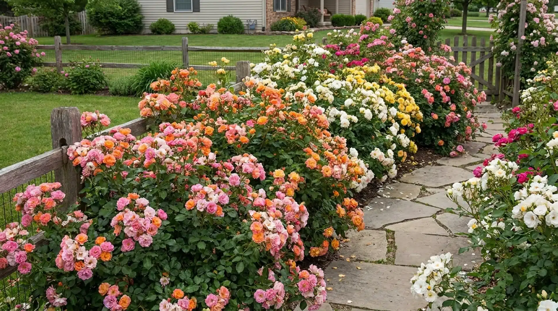 Types of roses showing colorful floribunda blooms growing densely along a garden walkway.