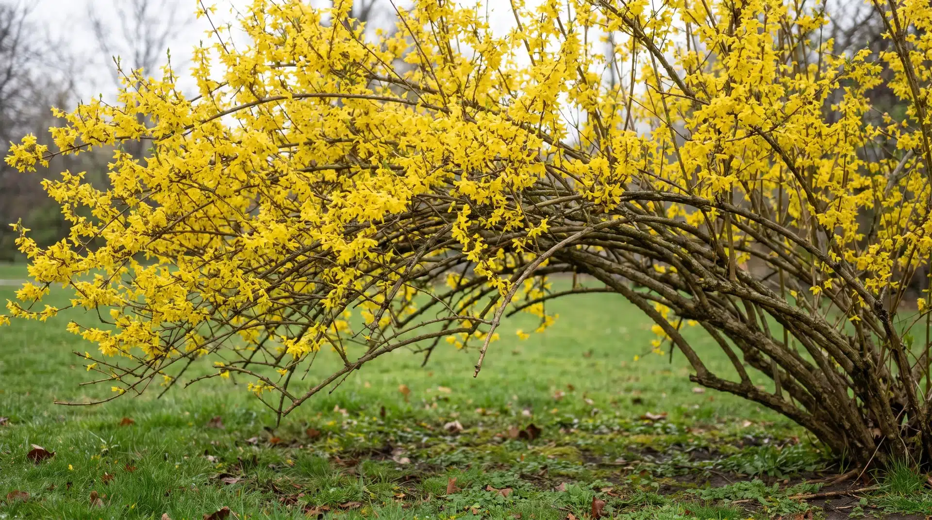 Forsythia shrub with arching yellow blossoms growing over lawn edge, used as plants that repel japanese beetles in natural gardens.