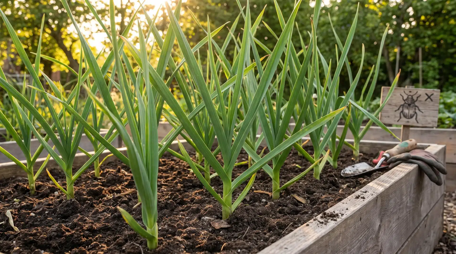 Garlic growing in raised garden bed, widely recognized as plants that repel japanese beetles in organic vegetable gardening.