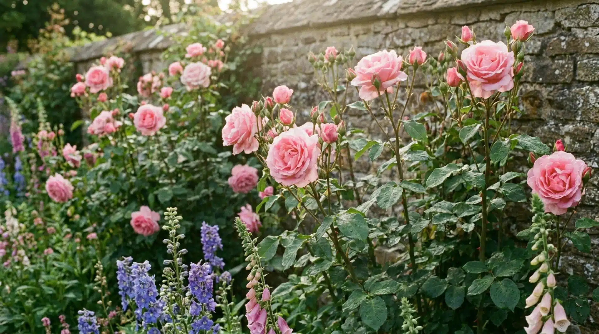 Pink grandiflora roses blooming on tall stems along a garden wall with lush green foliage and flowers.