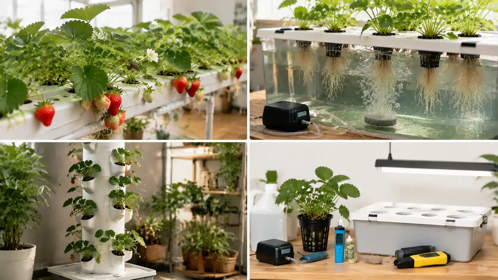 Home hydroponic strawberry setup showing plants, nutrient water, vertical towers, and supplies for indoor fruit growing.