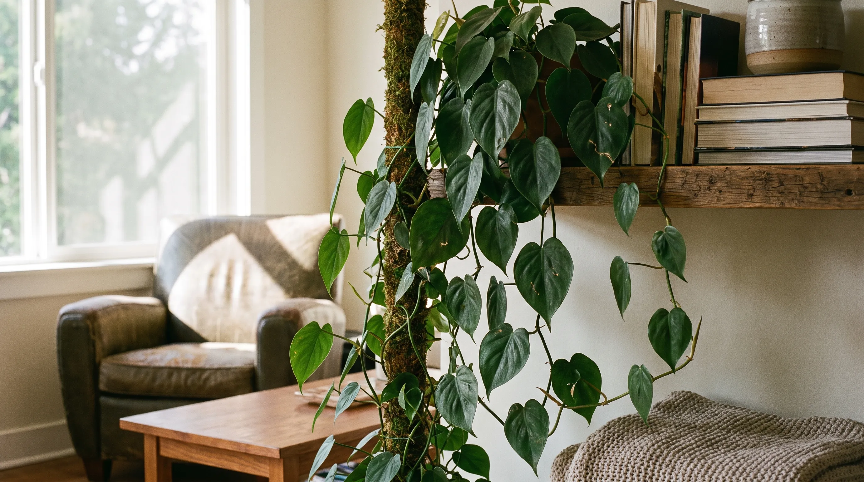 Heartleaf philodendron with trailing vines growing on an indoor shelf