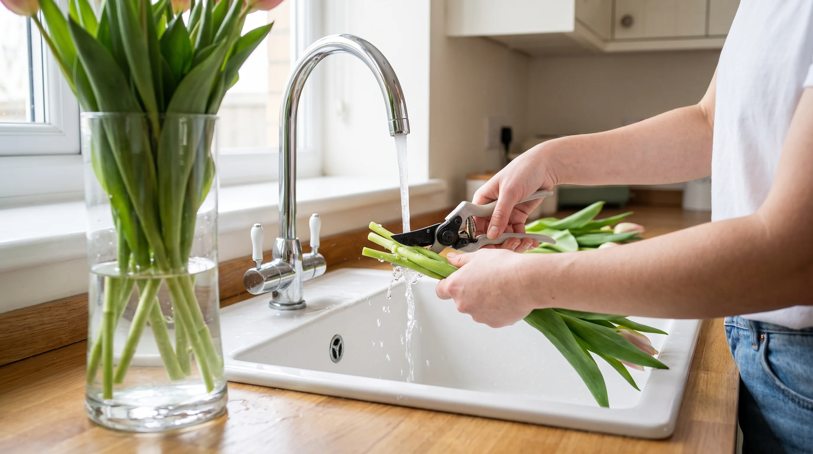 Hands trimming tulip stems under running water showing care steps that affect how long tulip last indoors.
