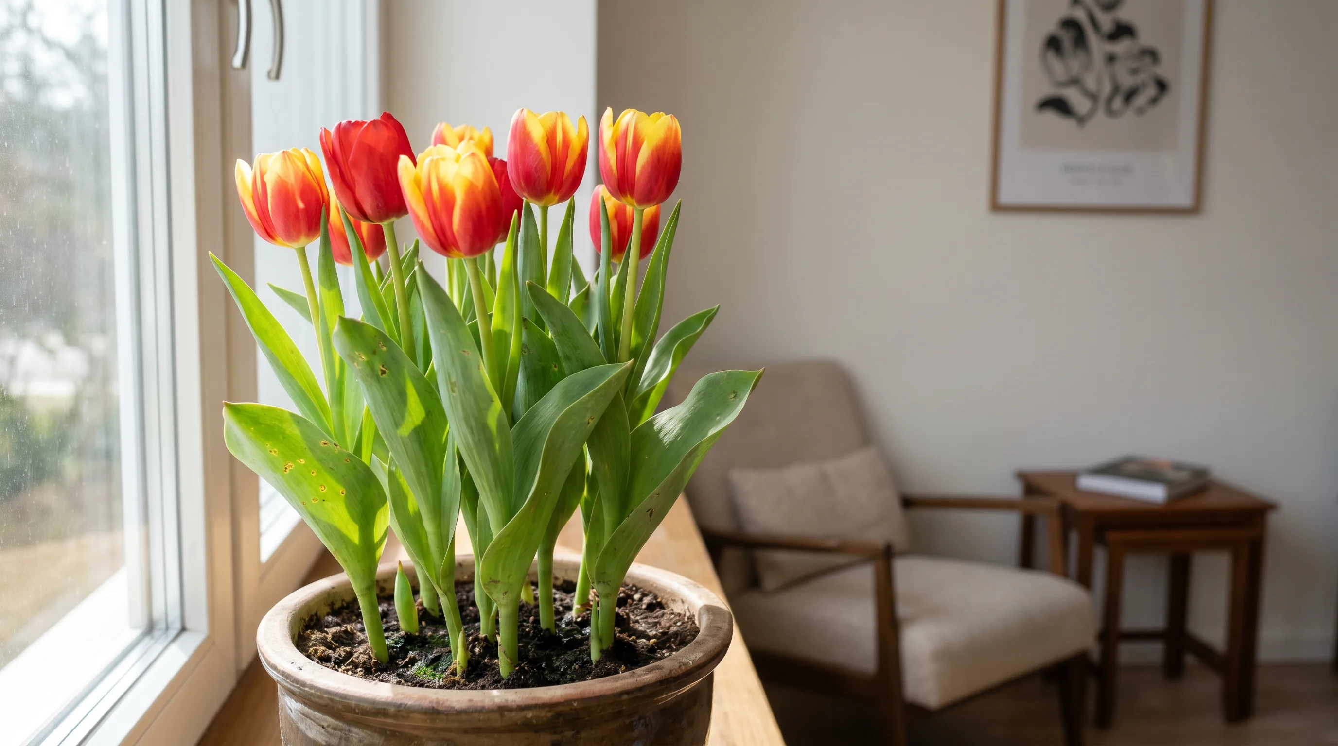 Potted tulip plant on sunny windowsill demonstrating indoor growth conditions influencing how long tulip last indoors.