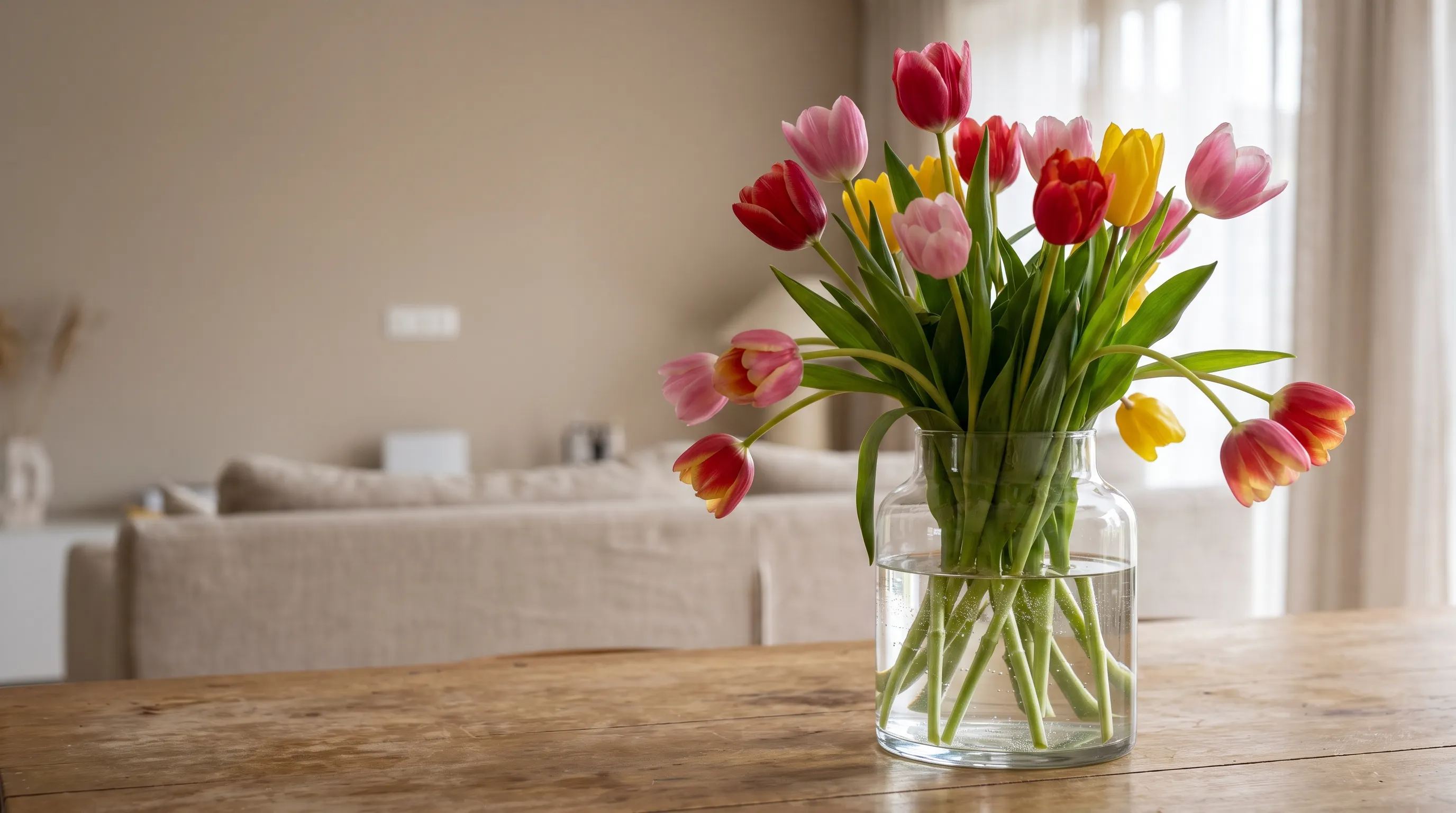 Fresh tulips in glass vase with natural drooping showing water care impact on how long tulip last.