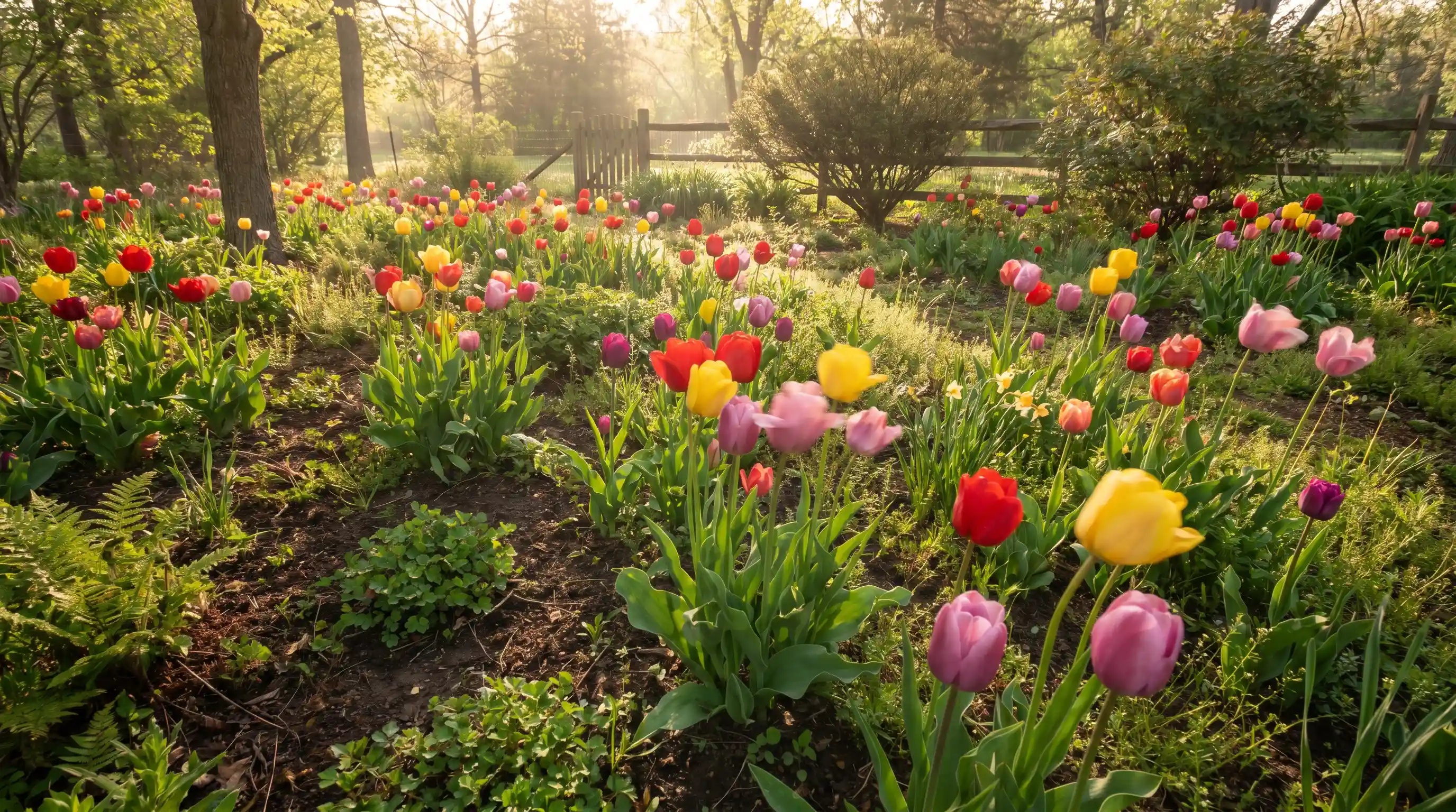 Colorful tulip beds blooming in spring garden showing seasonal variation in how long tulip last outdoors.