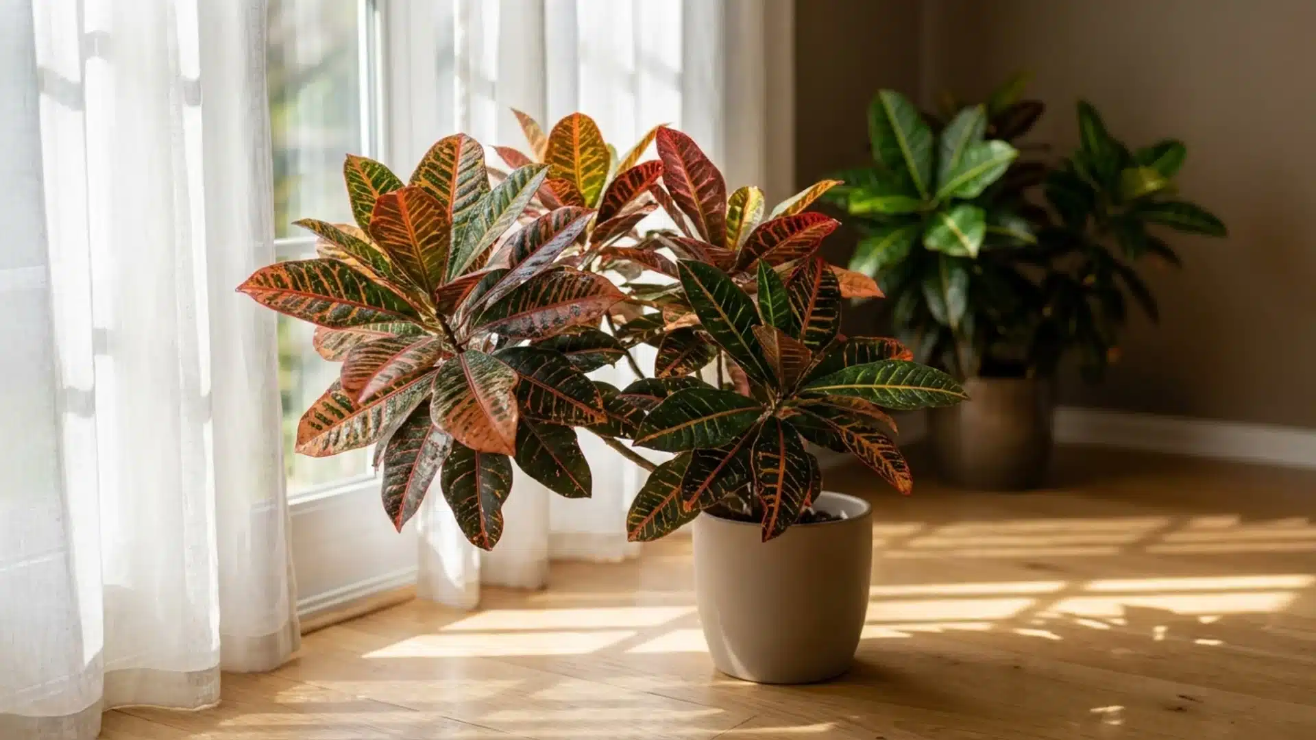 Healthy croton plant placed near a bright window receiving filtered sunlight indoors.