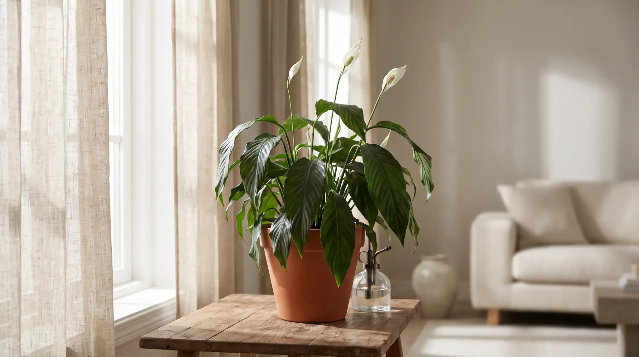 Healthy peace lily beside watering setup and calendar illustrating how often to water peace lily based on conditions.