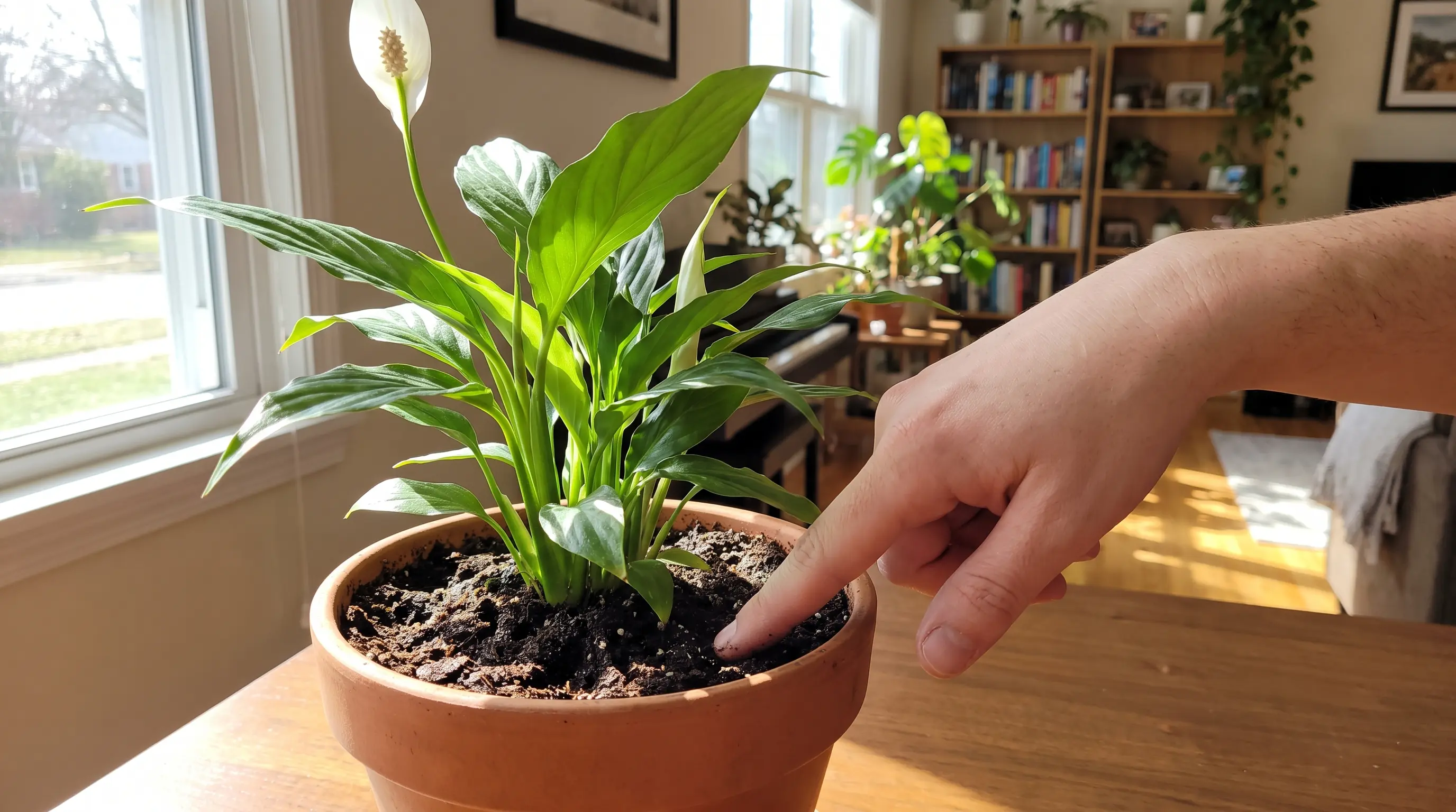 Hand pressing soil in peace lily pot showing simple method for how often to water peace lily decision making.