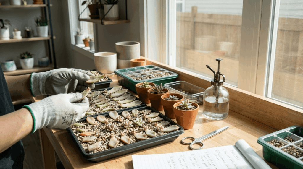 Succulent leaf propagation setup showing leaves on dry soil trays rosettes forming and tools on wooden table in natural light.