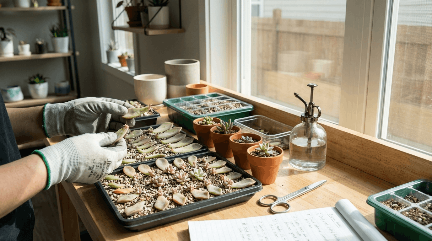 Succulent leaf propagation setup showing leaves on dry soil trays rosettes forming and tools on wooden table in natural light.