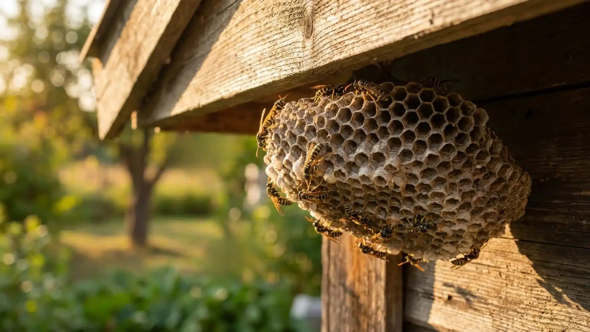 Close-up view of a wasp nest attached under a wooden structure with wasps around it.