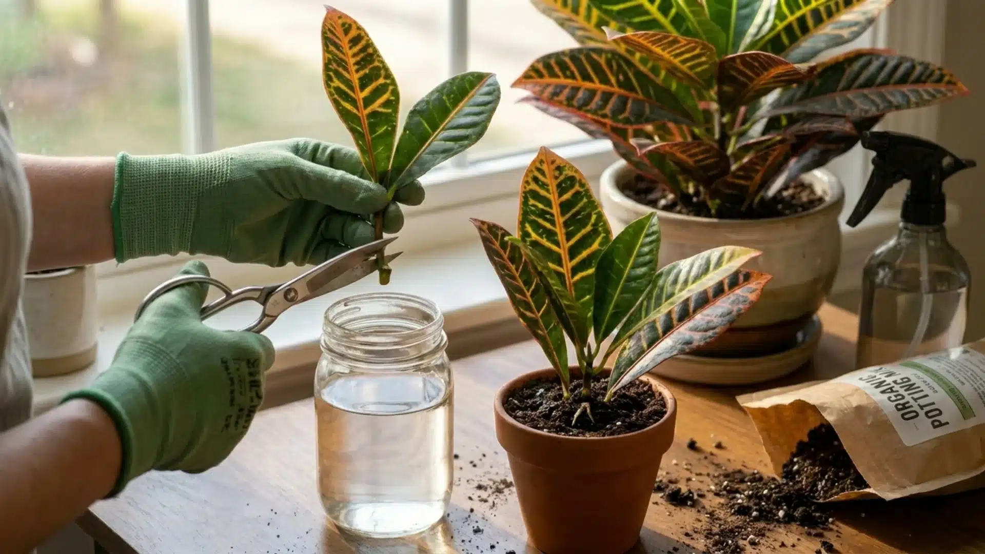 Hands propagating a croton plant cutting with scissors, water jar, soil, and potted croton in background.