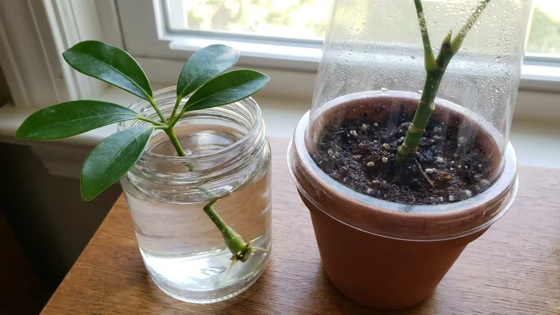 Schefflera propagation cutting growing roots in water and soil.