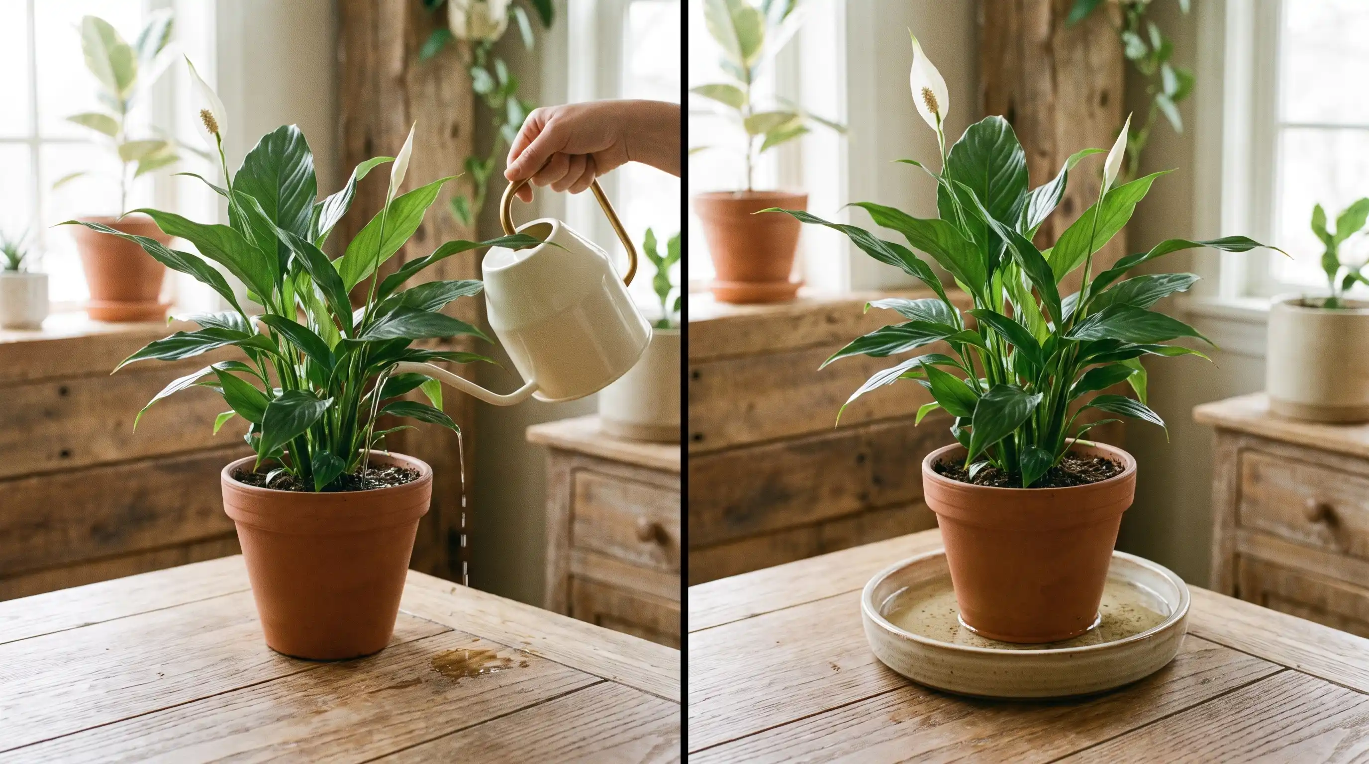 Demonstration of top and bottom watering methods showing how often to water peace lily properly indoors.