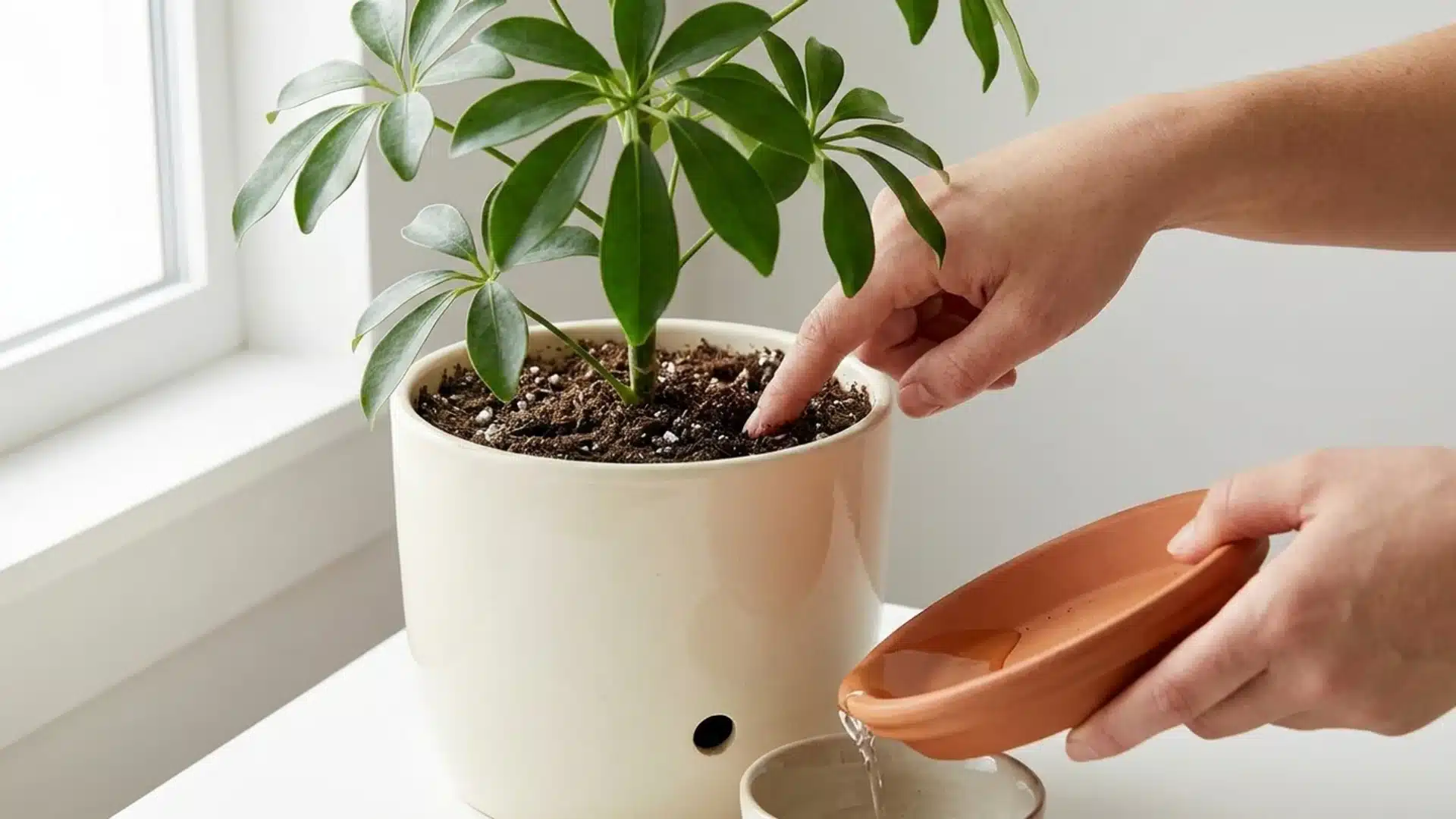 Watering a schefflera plant growing in a ceramic pot.