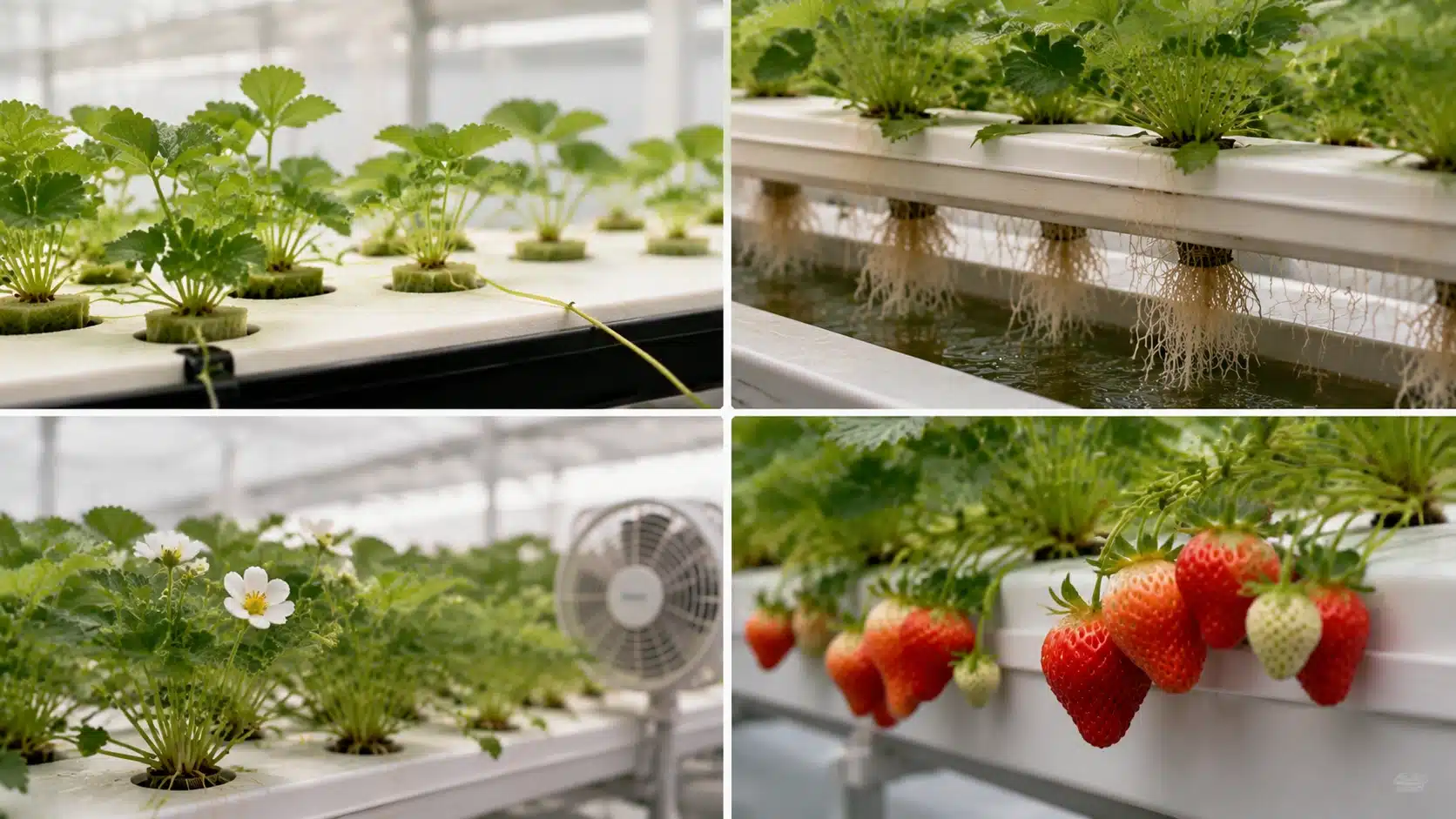 Hydroponic strawberries growing through stages from seedlings and roots to flowering plants and ripe fruit in a greenhouse system.