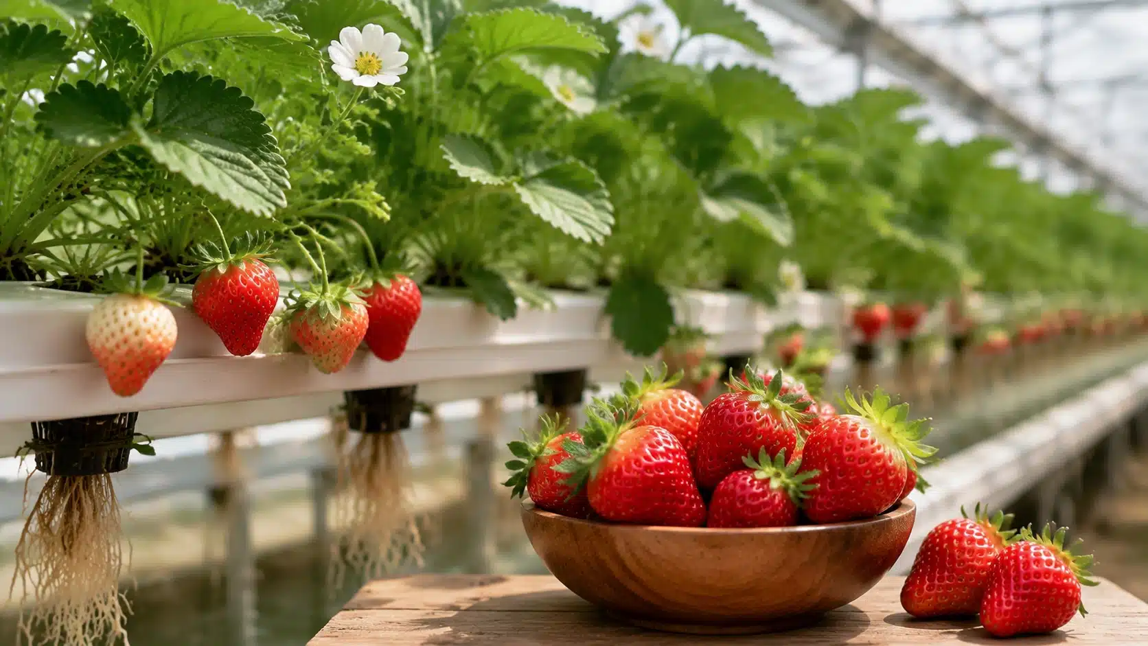 Hydroponic strawberry plants growing with controlled nutrients, showing how variety, ripeness, and growing conditions affect fruit flavor.