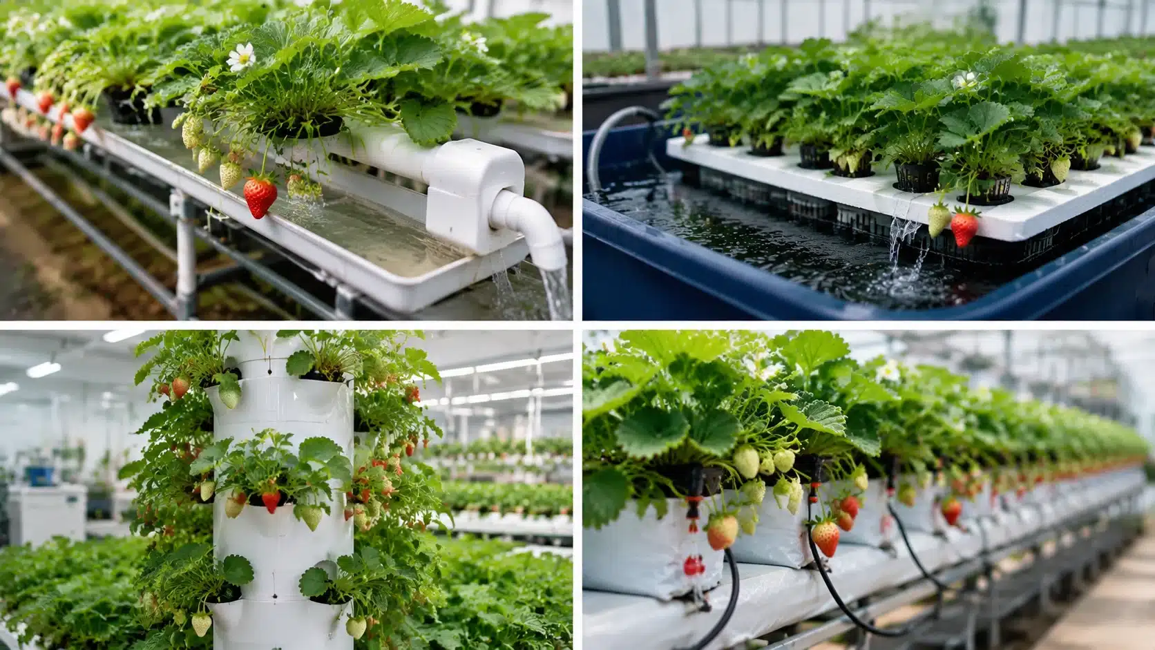 Four-panel hydroponic strawberry systems showing NFT channels, deep water culture, vertical towers, and drip irrigation setups in a greenhouse.