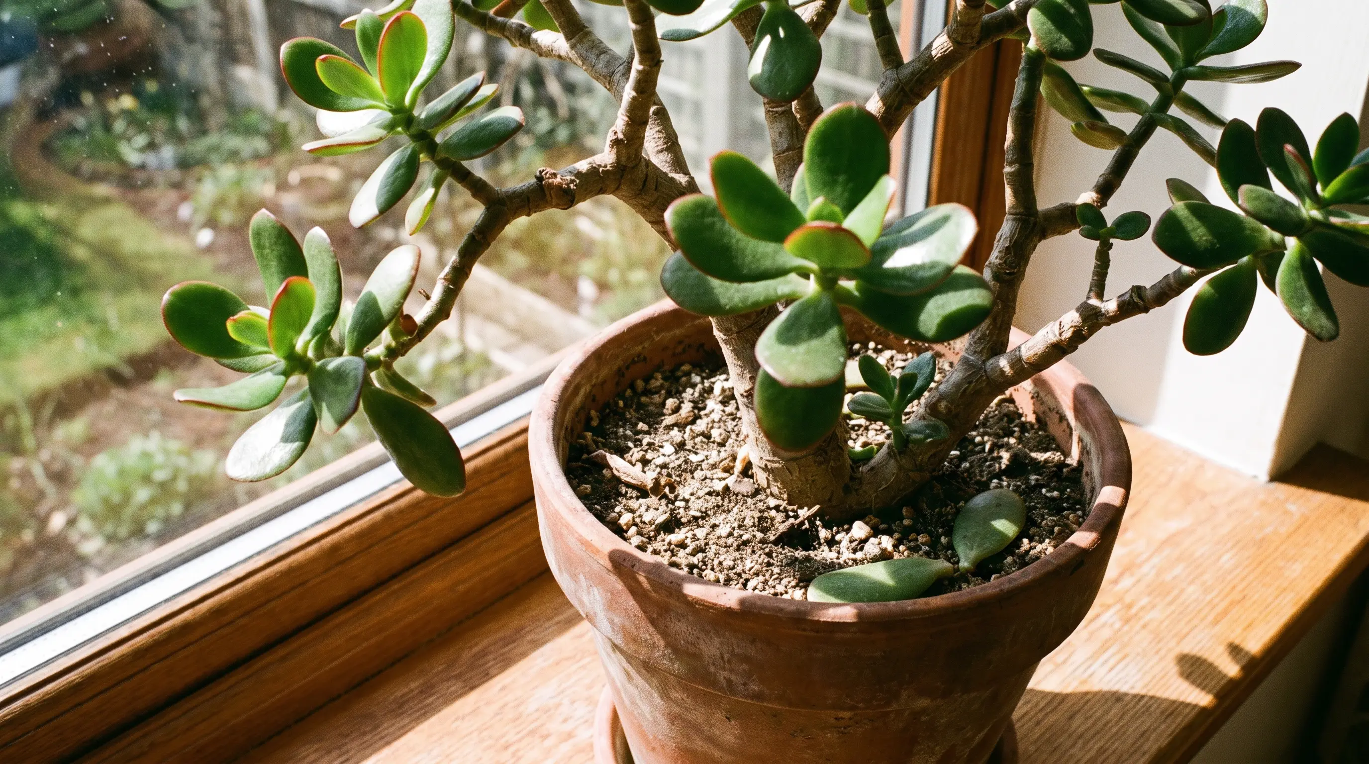 Jade plant with thick rounded leaves growing in a terracotta pot