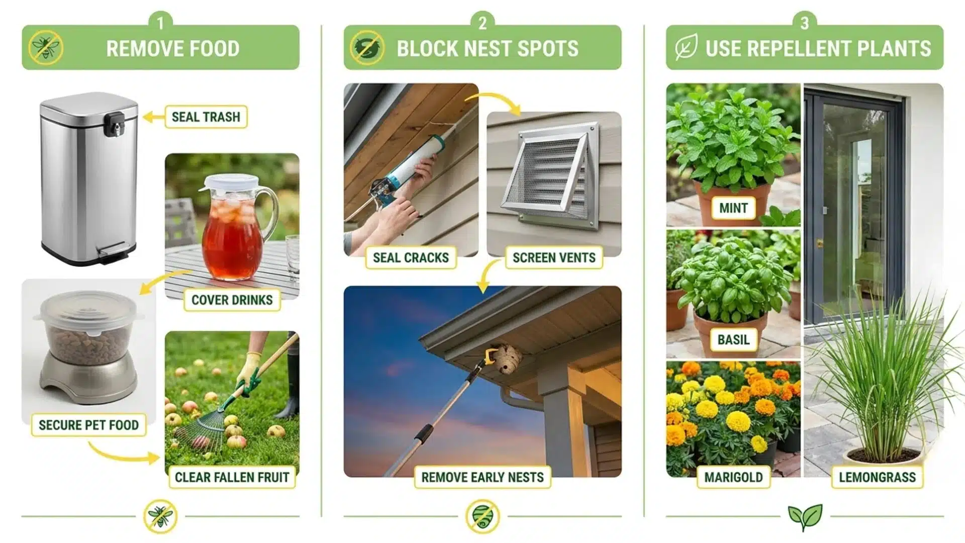 Wasp prevention infographic showing ways to remove food sources, block nesting spots, and use repellent plants around the home.