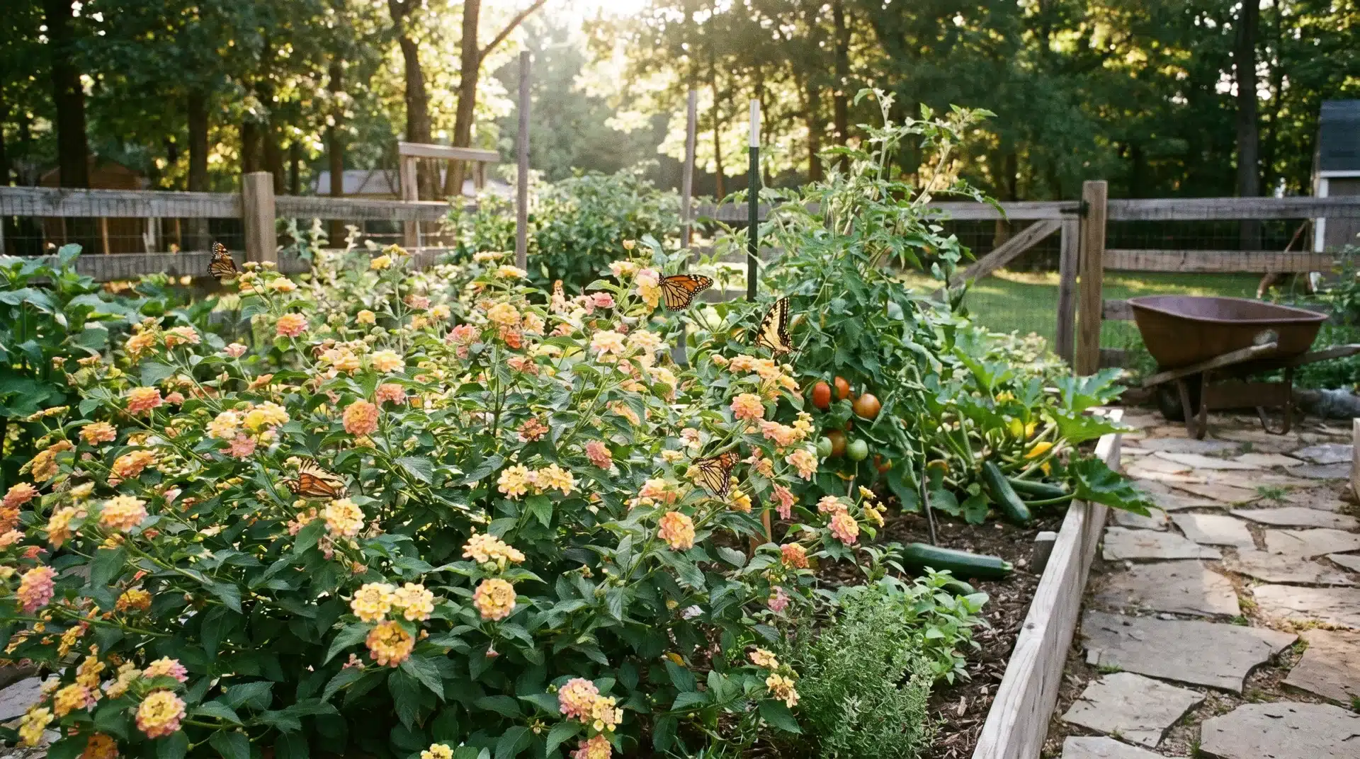 Lantana flowers attracting pollinators while acting as plants that repel japanese beetles in mixed flower garden beds.
