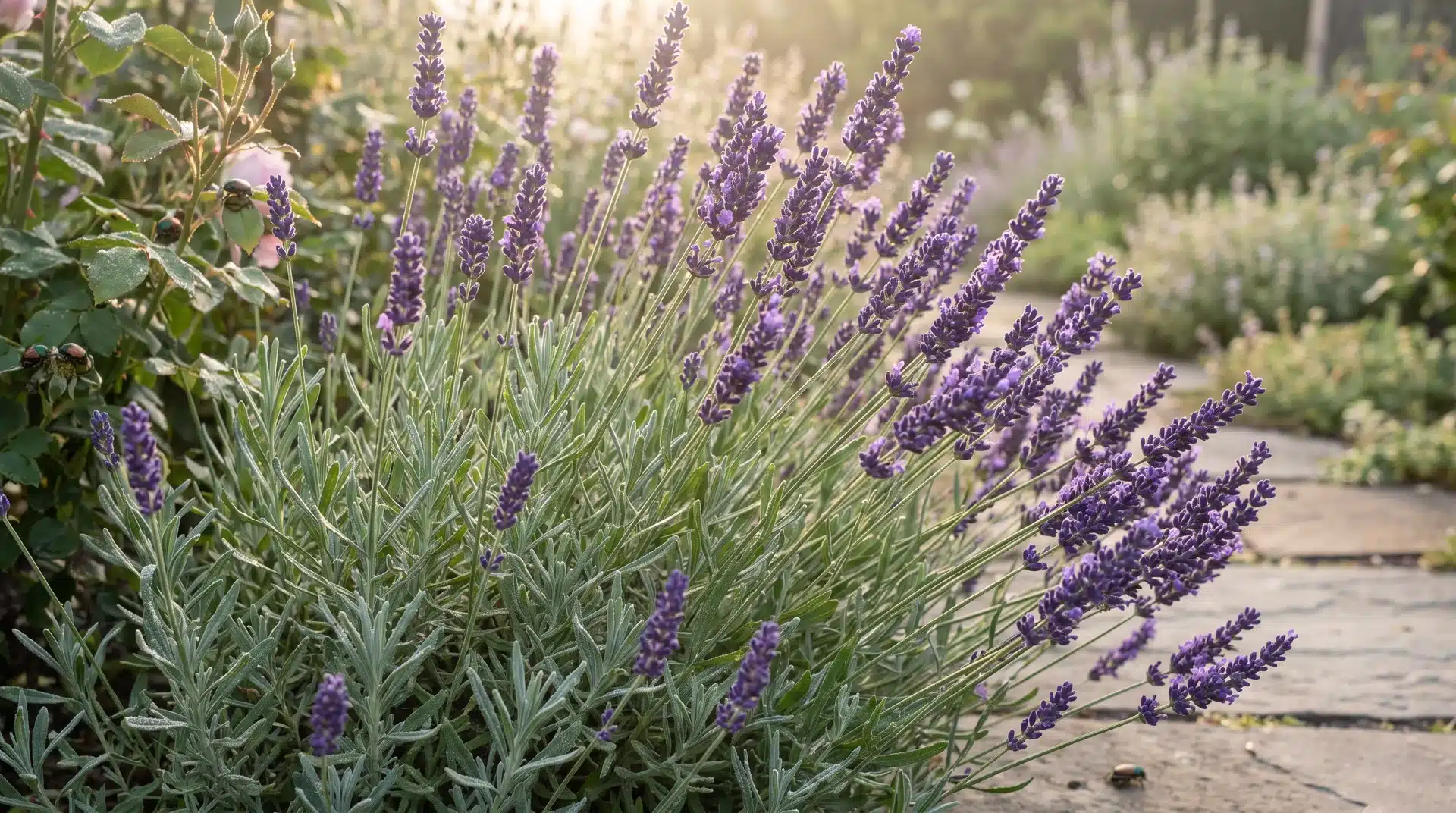 Lavender blooming along garden path, aromatic herb known as plants that repel japanese beetles in natural landscaping designs.