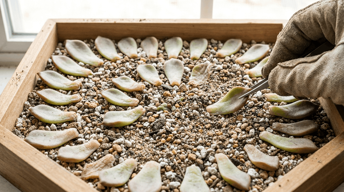 Succulent leaves placed flat on dry gritty soil surface ready for propagation with no watering in clean indoor setup.