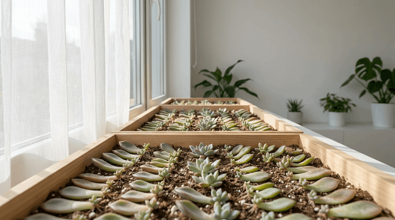 Succulent leaf propagation trays placed on windowsill in bright indirect sunlight for healthy root development process.