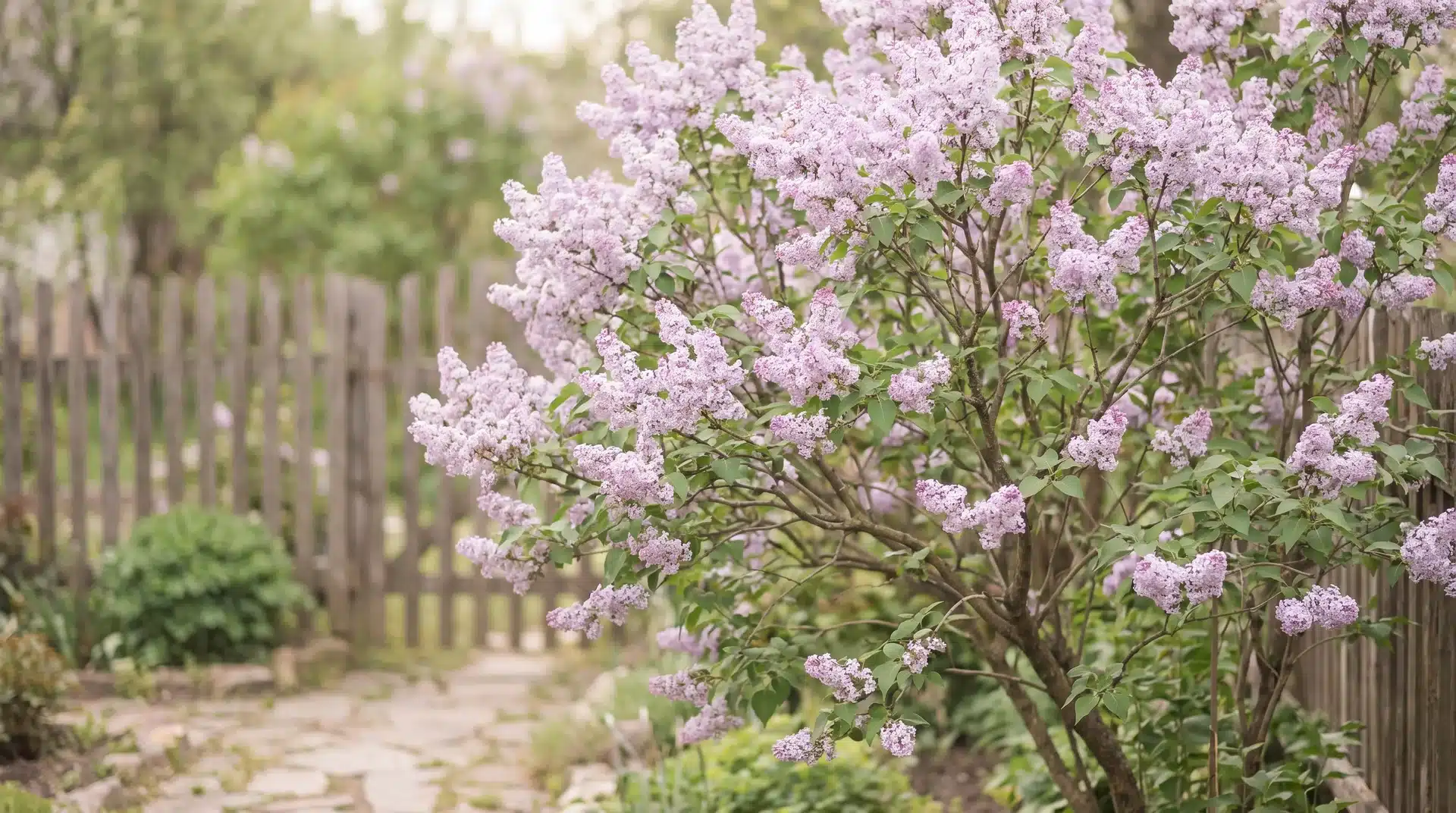 Lilac bush in full bloom with soft purple flowers along fence, supporting biodiversity as plants that repel japanese beetles naturally.