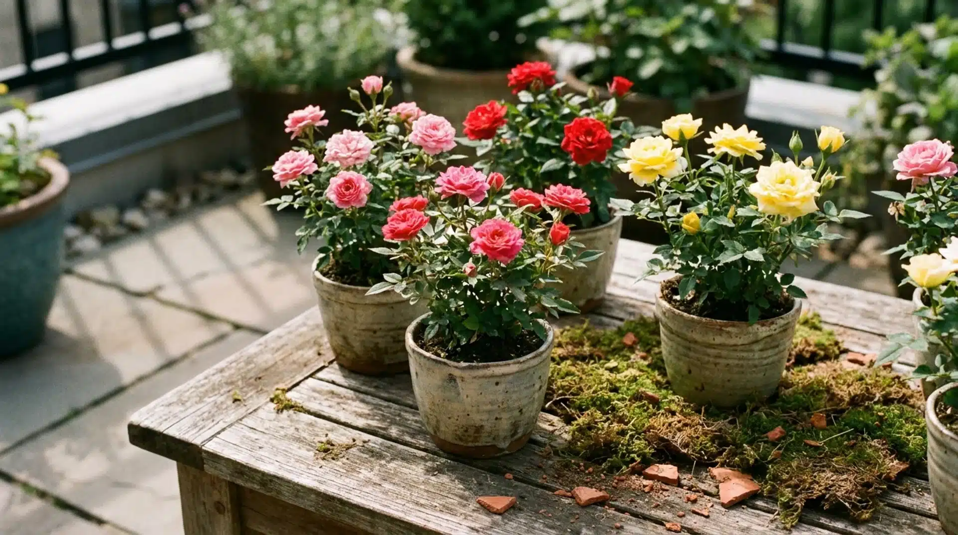 Types of roses featuring small miniature rose plants growing in decorative garden pots.