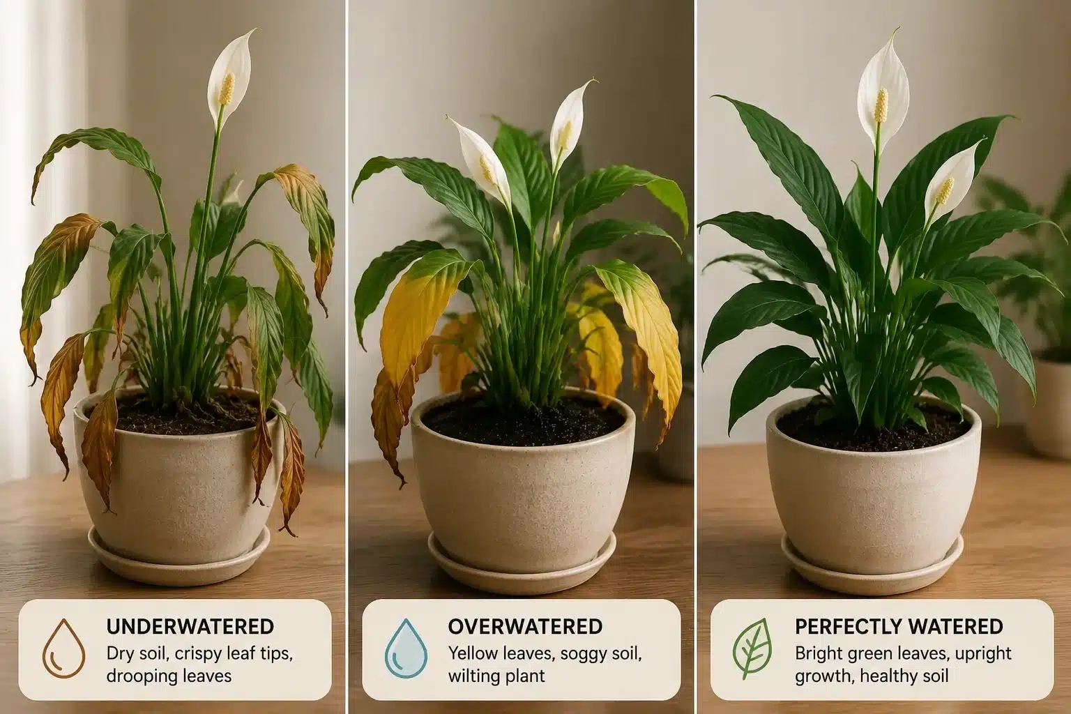 Comparison of overwatered and underwatered peace lily showing how often to water peace lily mistakes and signs.
