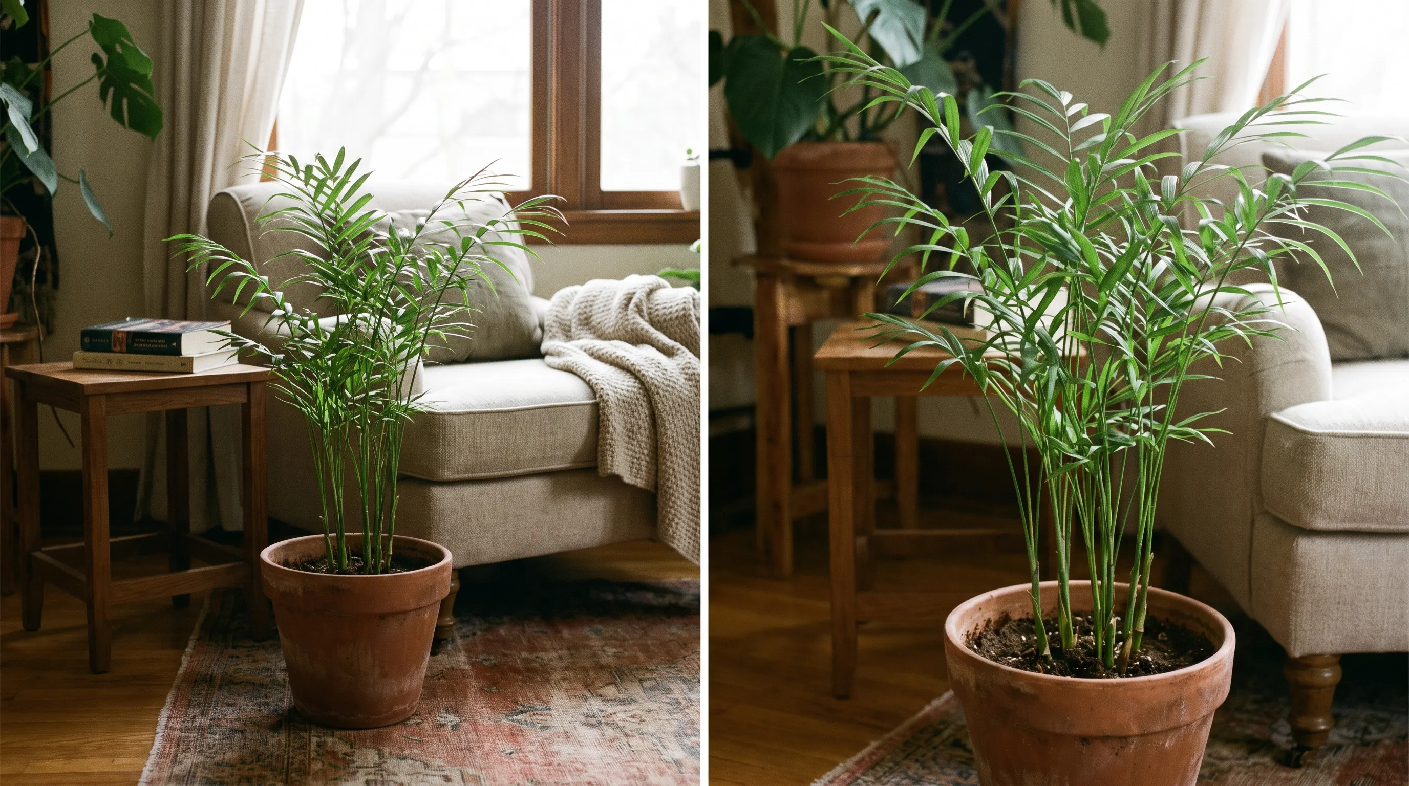 Parlor palm with green fronds growing in a living room corner