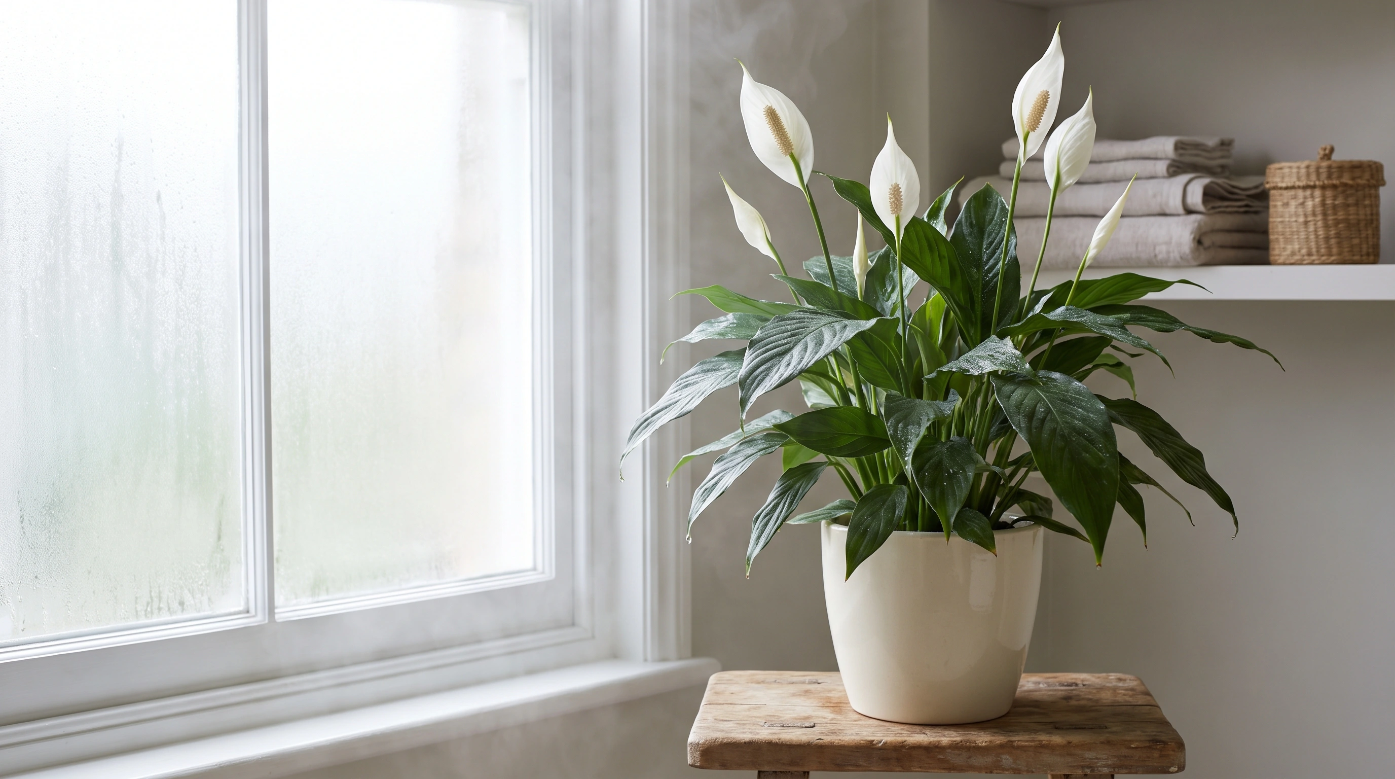 Peace lily with white flowers growing in a bright indoor space