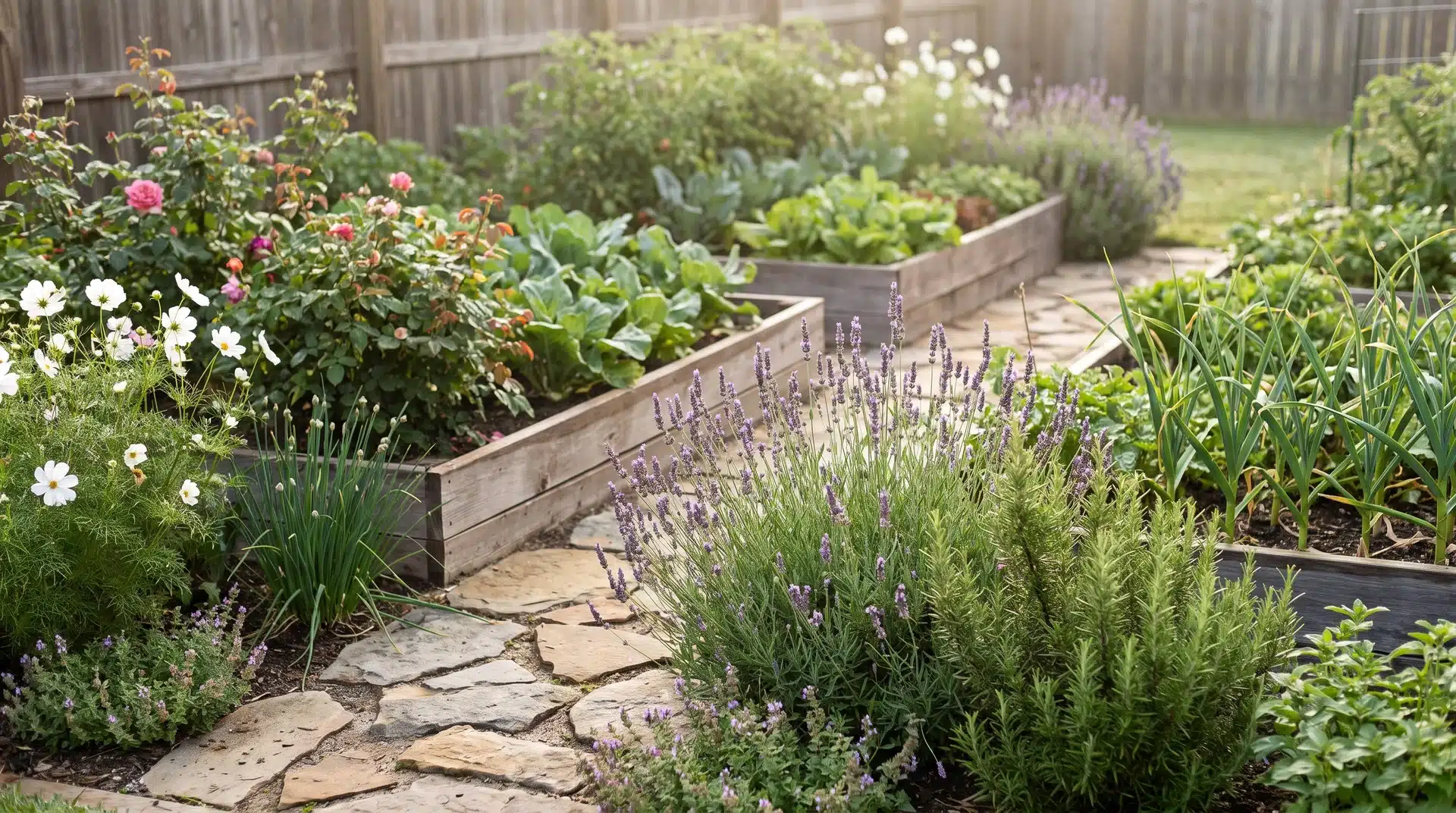 Well-maintained raised garden beds with herbs, flowers, and vegetables along stone pathway, showcasing plants that repel japanese beetles naturally.