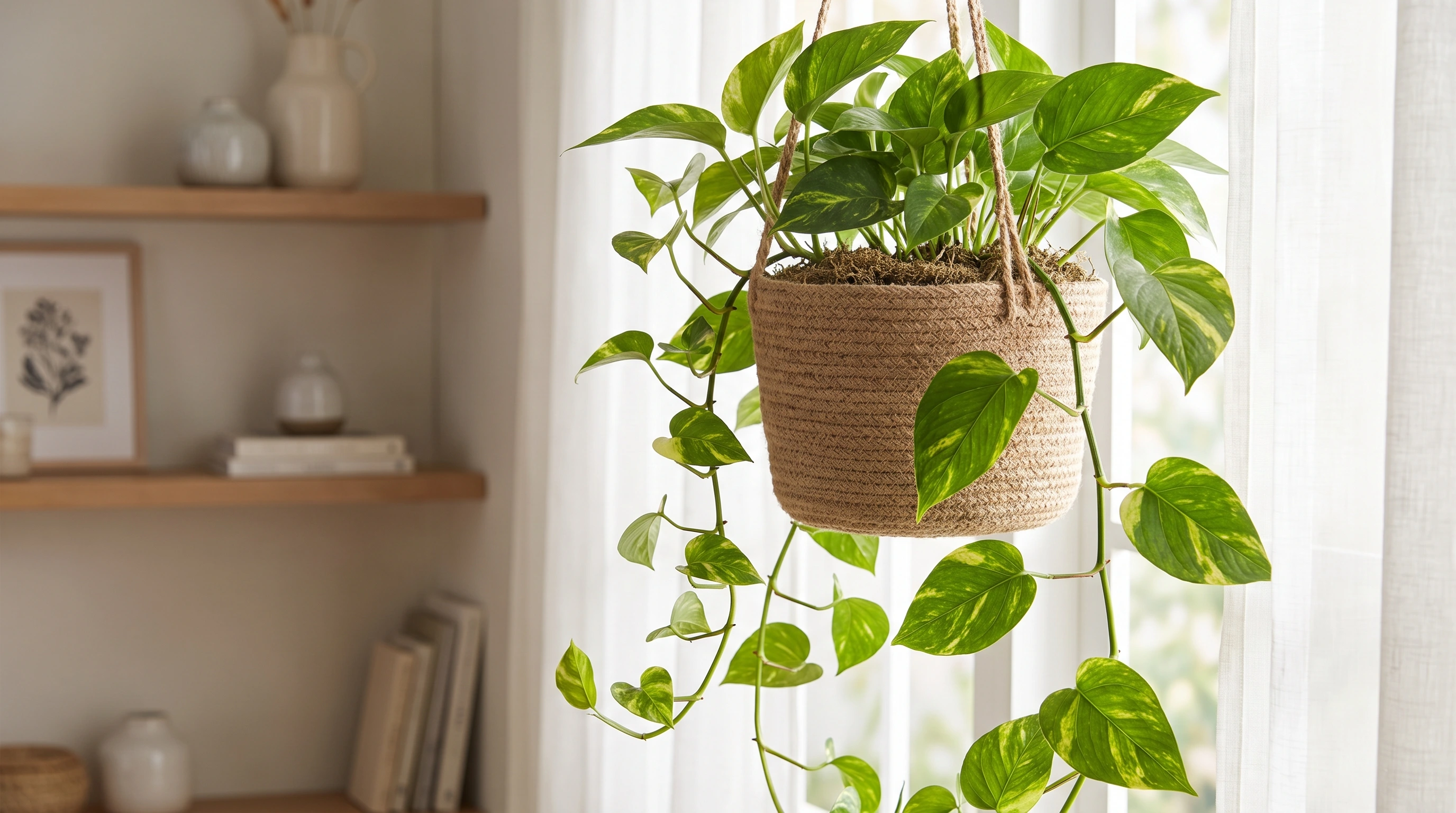 Pothos plant with trailing vines growing in a hanging basket indoors