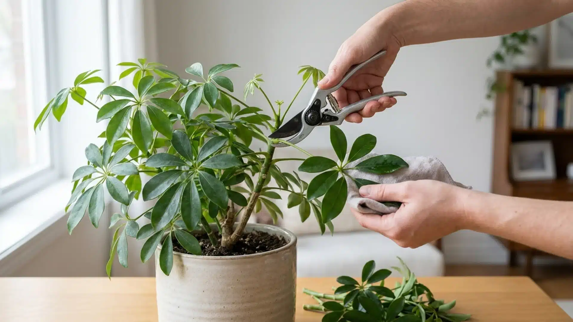 Person pruning and cleaning schefflera leaves with garden shears.