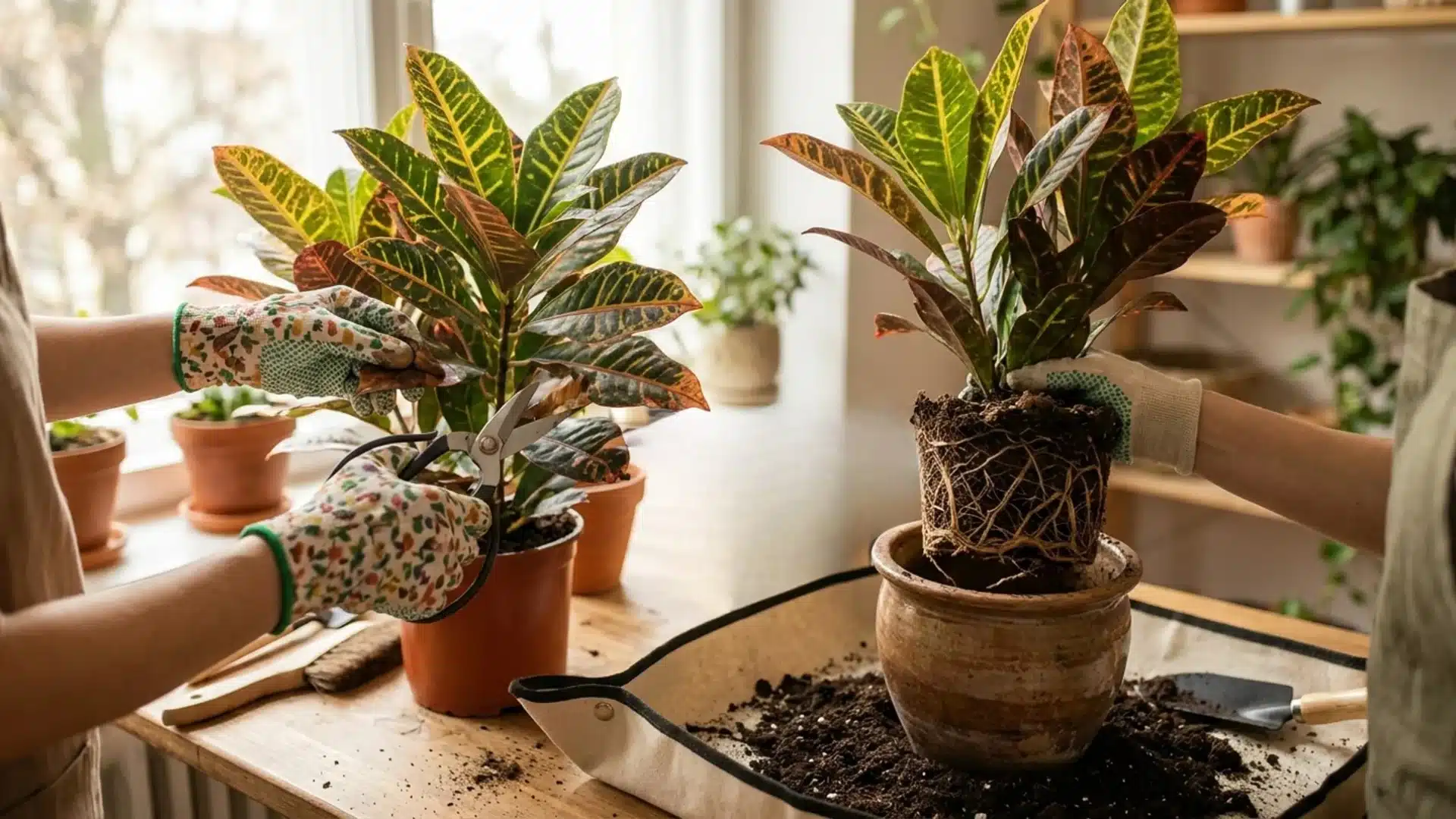 Hands pruning and repotting croton plants with exposed roots, pots, and gardening tools on a table.