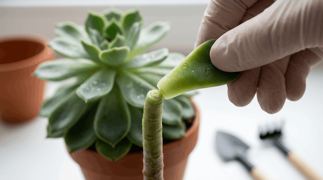Gardener gently removing succulent leaf with intact base from mother plant for propagation on clean indoor workspace.