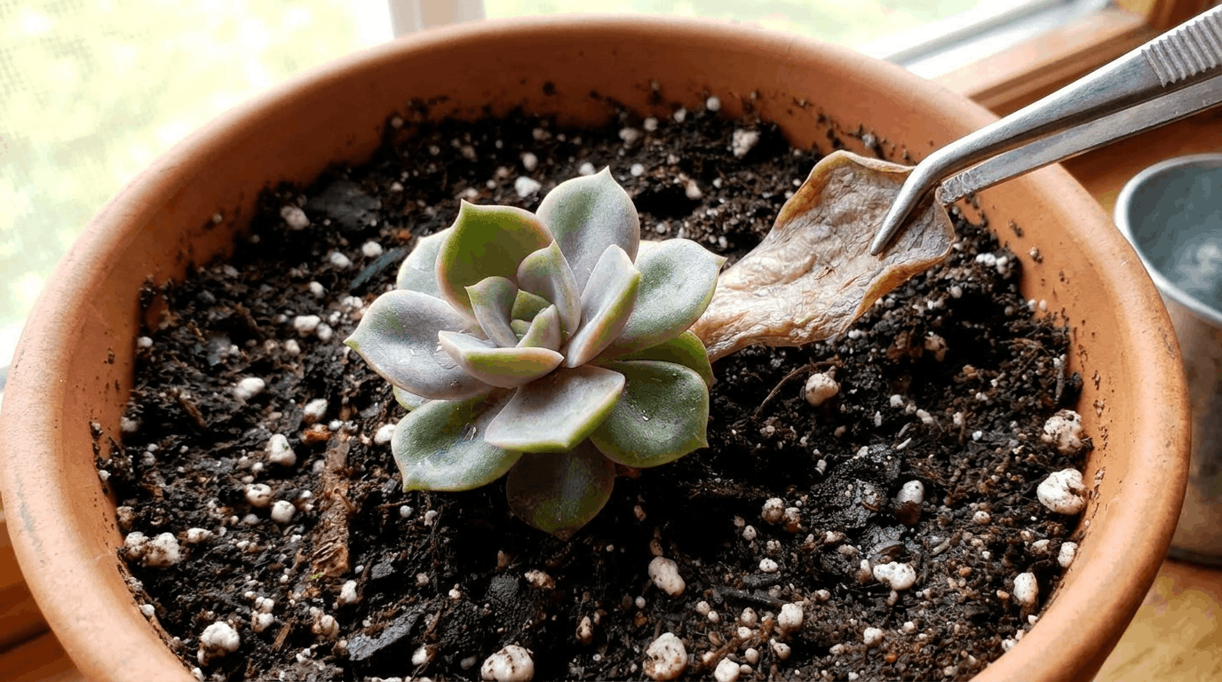 Succulent rosettes growing as parent leaf dries and shrivels naturally during propagation in clean indoor gardening tray