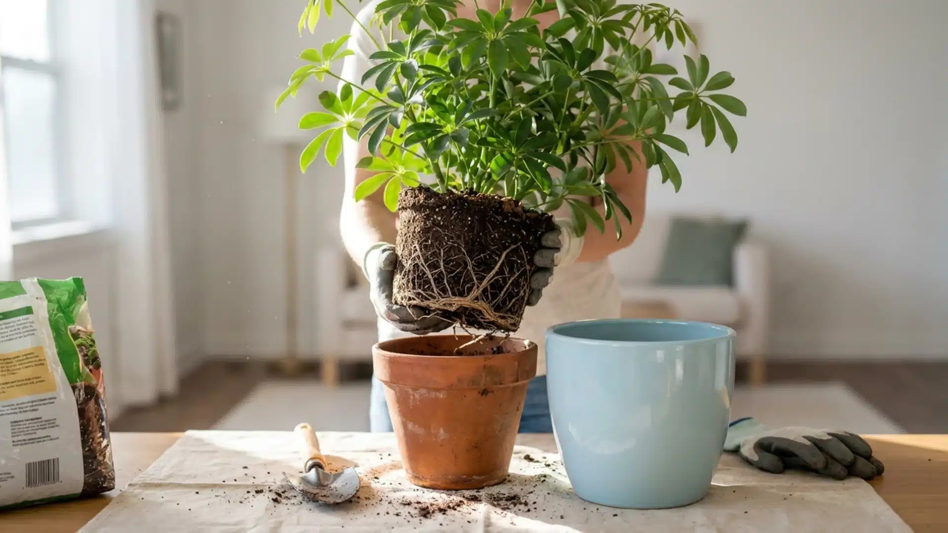 Hands repotting a schefflera plant into a fresh container.