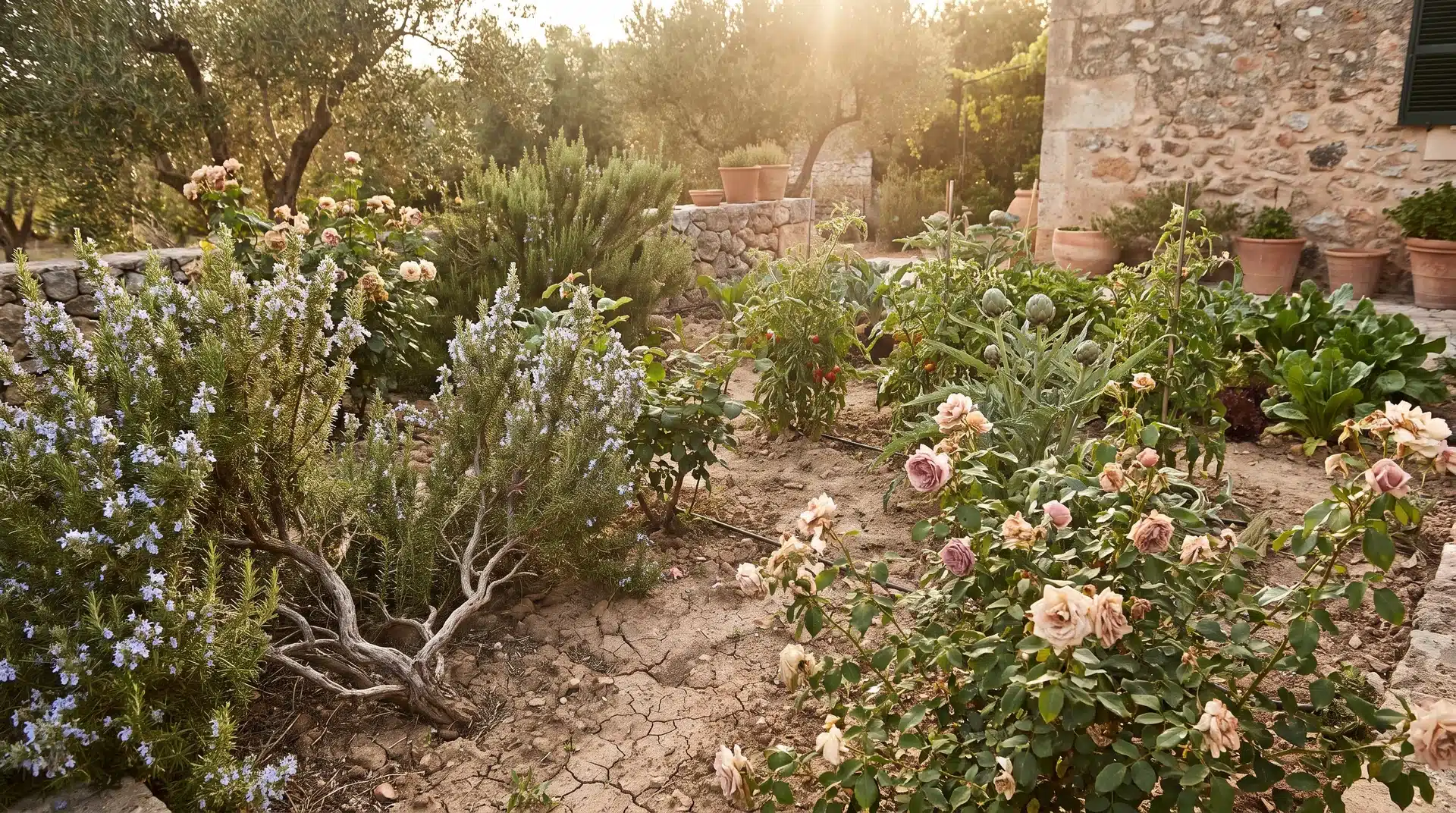 Rosemary shrub thriving in herb garden bed, considered one of the plants that repel japanese beetles using strong scent.